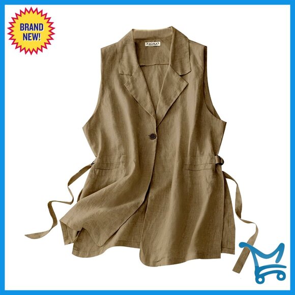 Jackets & Blazers - Women's Linen Vest Sleeveless Blazer Lightweight Cardigan Waistcoat